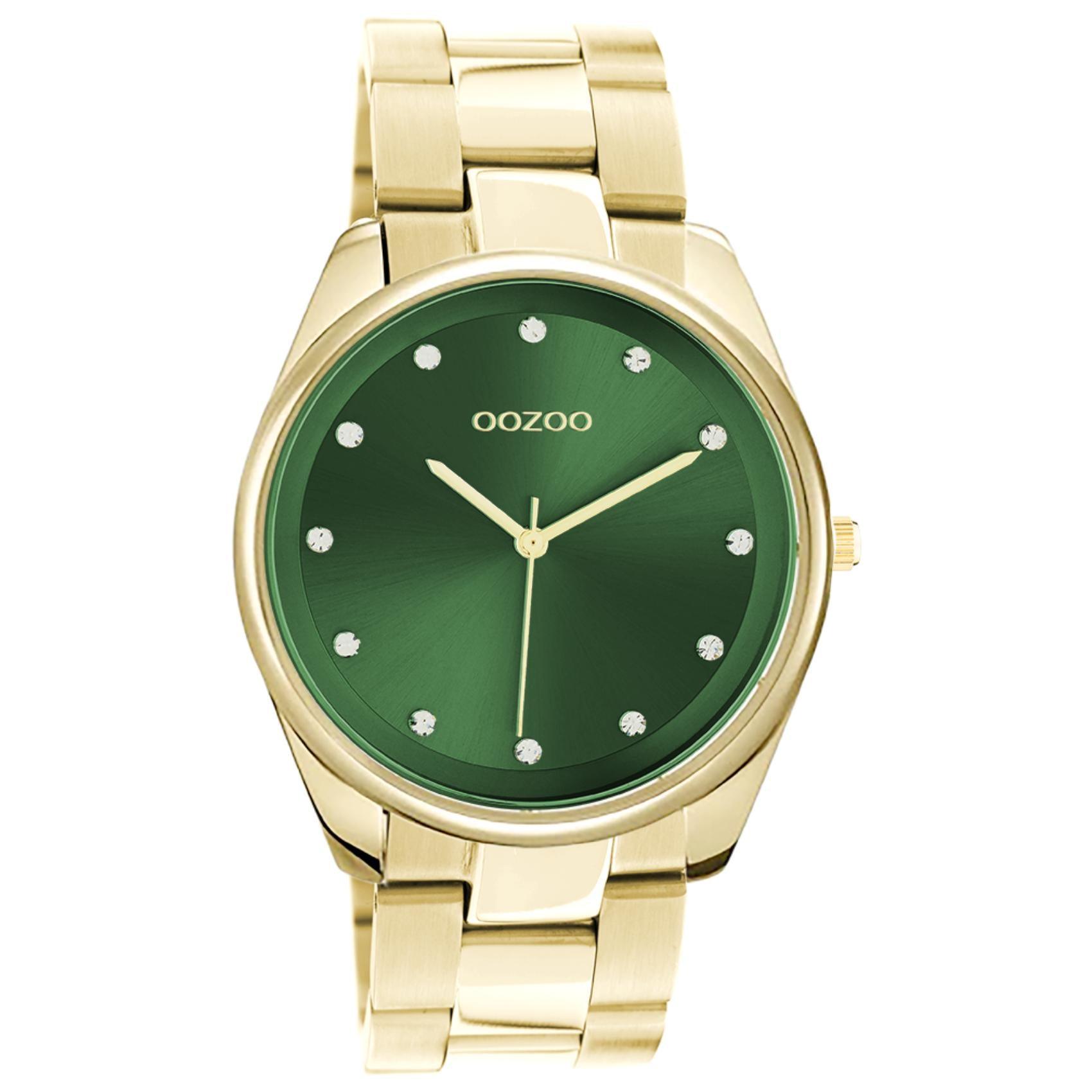 Ρολόι Oozoo C10966 με χρυσό ατσάλινο μπρασελέ, πράσινο καντράν διαμέτρου 36mm με ζιργκόν και μηχανισμό μπαταρίας quartz.