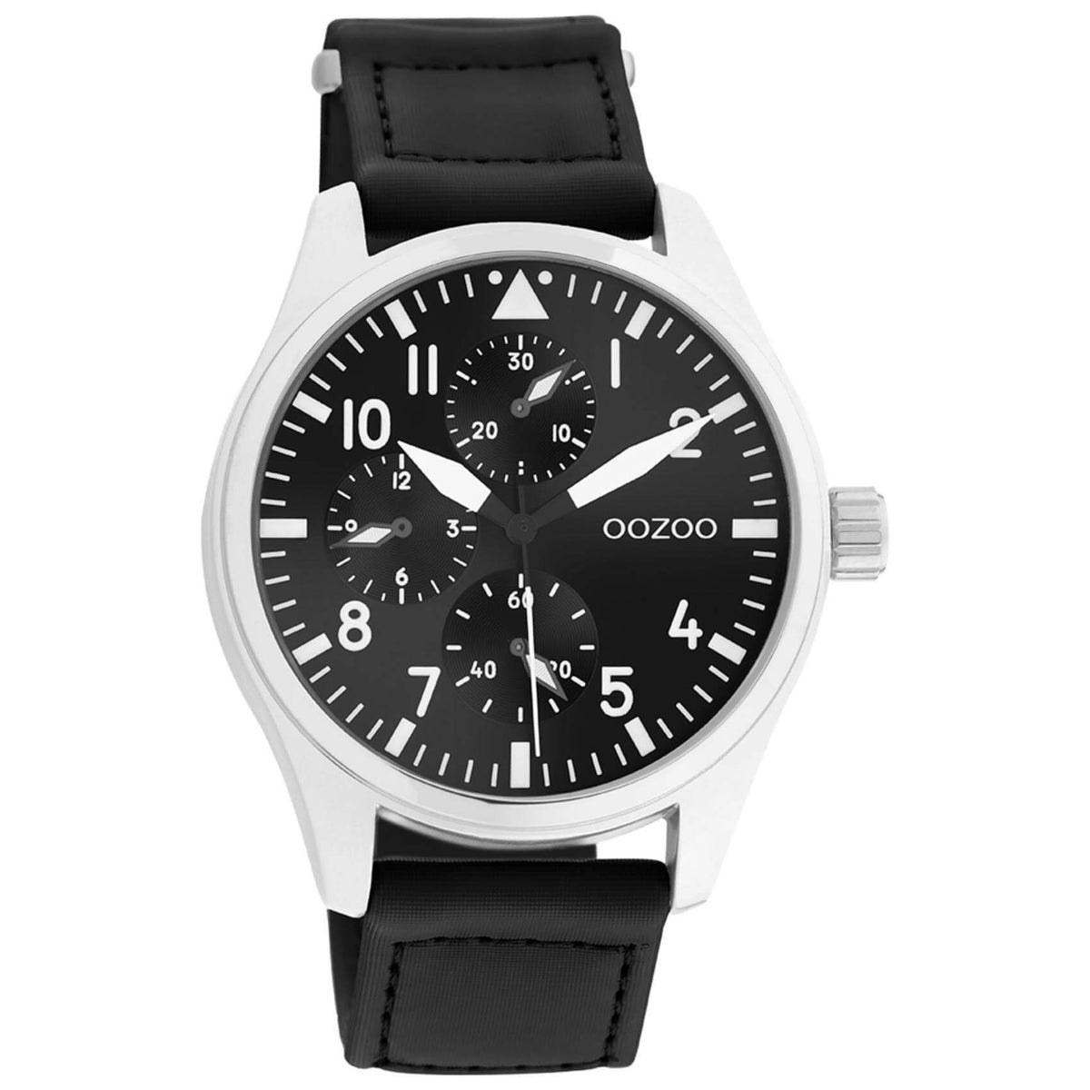 Ρολόι Oozoo C11009 με μαύρο δερμάτινο λουράκι ,μαύρο καντράν διαμέτρου 42mm και μηχανισμό μπαταρίας quartz.