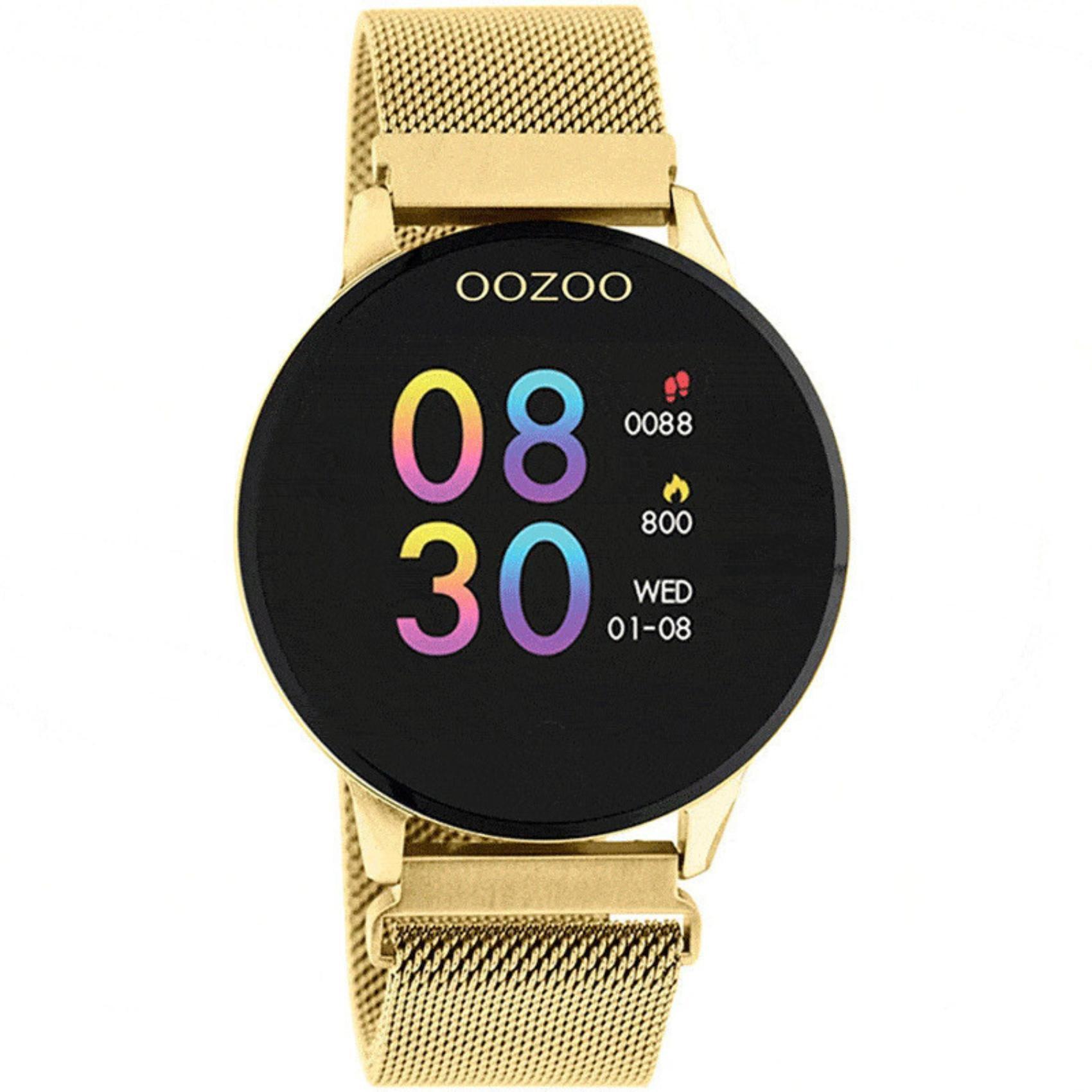 Smartwatch Oozoo Q00121 με χρυσό ατσάλινο μπρασελέ, χρυσή κάσα, οθόνη διάμετρου 43mm με λειτουργίες μέτρησης θερμιδών, βημάτων, καρδιακών παλμών και σύνδεση σε κινητό με bluetooth.