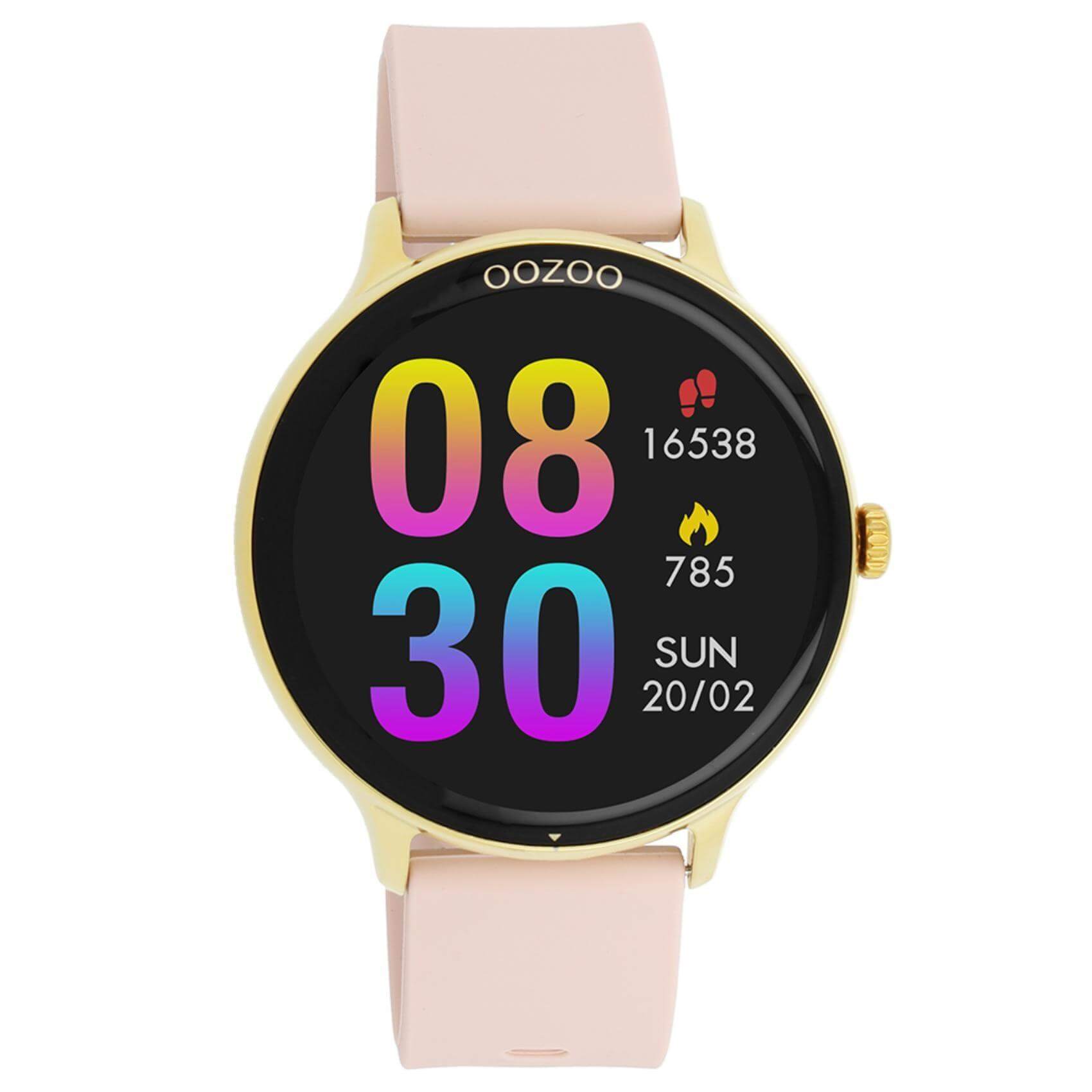 Smartwatch Oozoo Q00131 με ροζ καουτσούκ λουράκι, οθόνη διάμετρου 45mm με λειτουργίες μέτρησης θερμιδών, βημάτων, καρδιακών παλμών και σύνδεση σε κινητό με bluetooth.