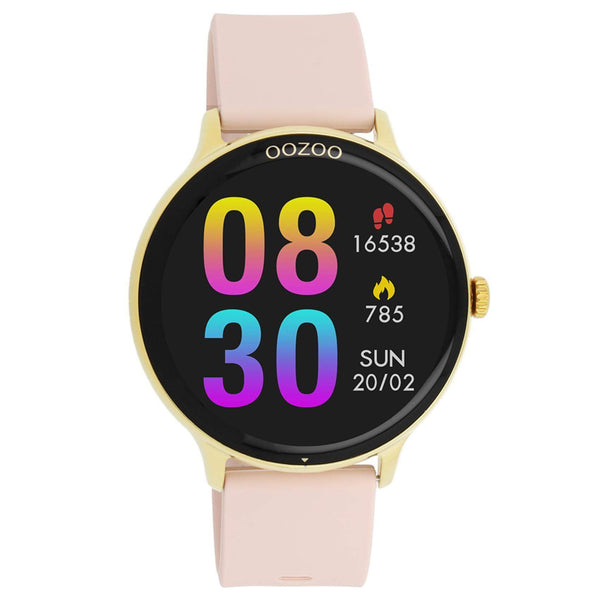 Smartwatch Oozoo Q00131 με ροζ καουτσούκ λουράκι, οθόνη διάμετρου 45mm με λειτουργίες μέτρησης θερμιδών, βημάτων, καρδιακών παλμών και σύνδεση σε κινητό με bluetooth.