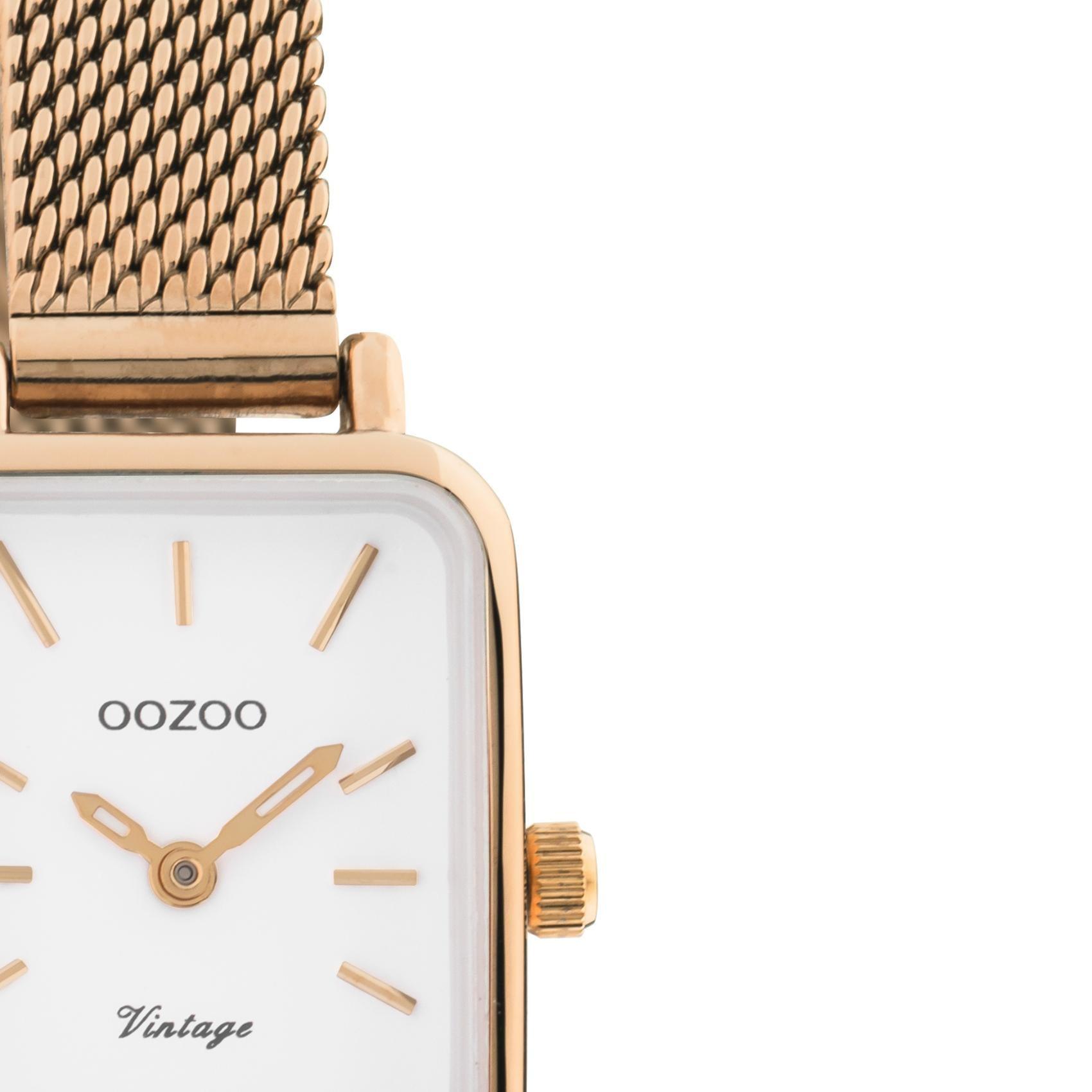 Τετράγωνο ρολόι Oozoo Vintage C10977 με ροζ χρυσό ατσάλινο μπρασελέ,άσπρο καντράν 26x21mm και μηχανισμό μπαταρίας quartz.