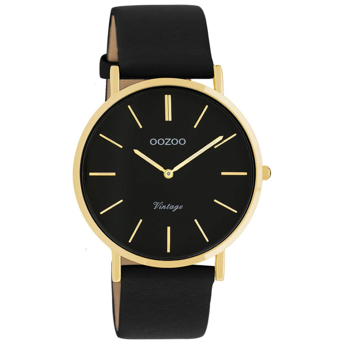 Στρογγυλό ρολόι Oozoo Vintage C20180 με μαύρο δερμάτινο λουράκι,μαύρο καντράν διαμέτρου 40mm και μηχανισμό μπαταρίας quartz.