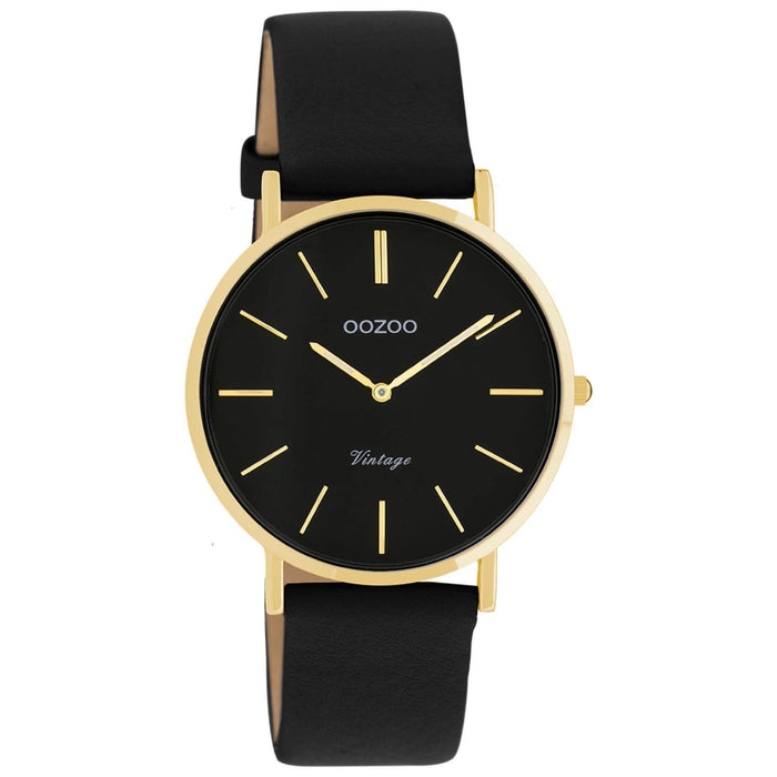 Στρογγυλό ρολόι Oozoo Vintage C20181 με μαύρο δερμάτινο λουράκι,μαύρο καντράν διαμέτρου 36mm και μηχανισμό μπαταρίας quartz.