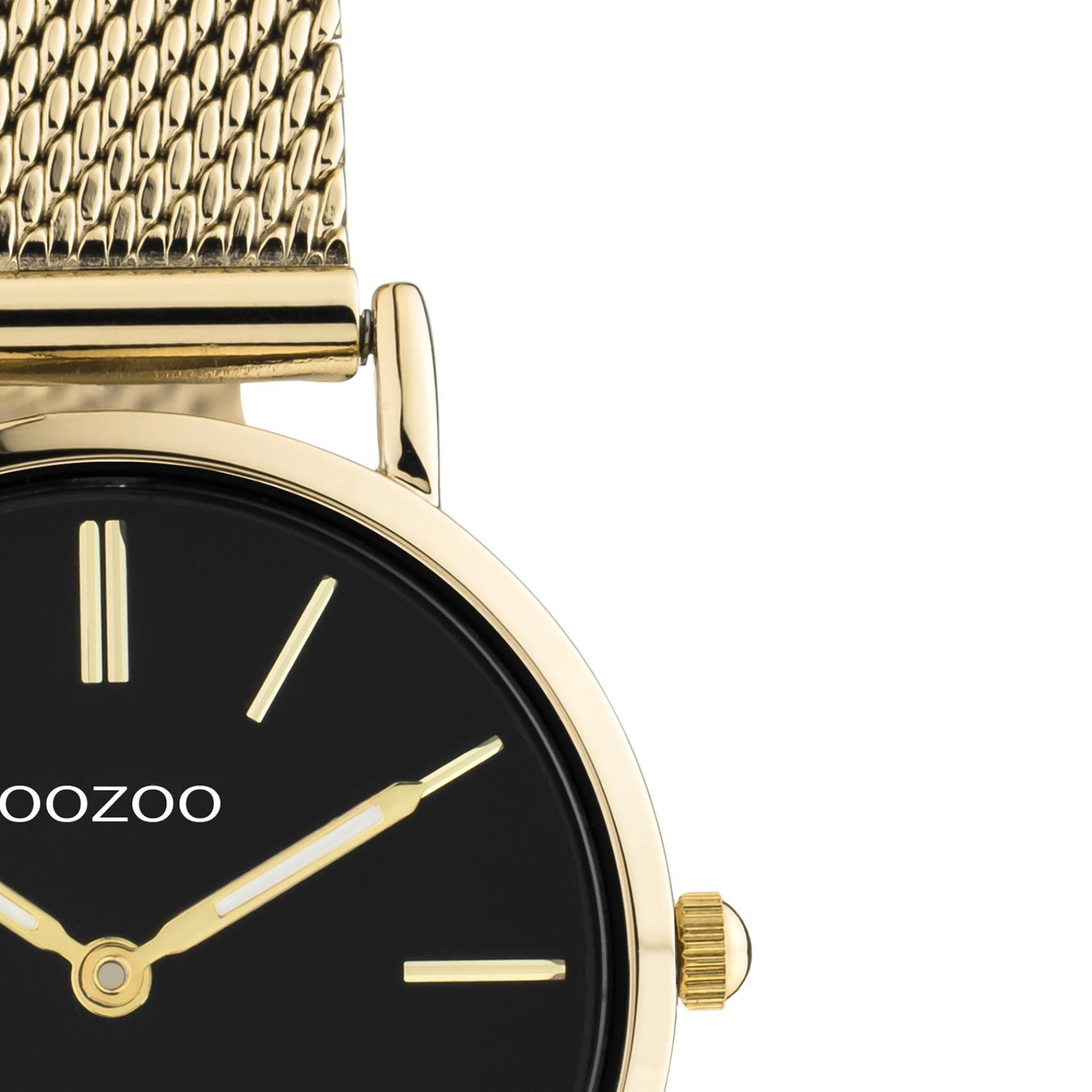 Στρογγυλό ρολόι Oozoo Vintage C20232 με χρυσό ατσάλινο μπρασελέ,μαύρο καντράν διαμέτρου 28mm και μηχανισμό μπαταρίας quartz.