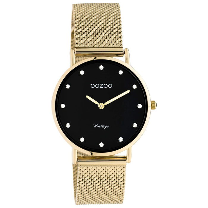 Στρογγυλό ρολόι Oozoo Vintage C20242 με χρυσό ατσάλινο μπρασελέ,μαύρο καντράν με ζιργκόν διαμέτρου 32mm και μηχανισμό μπαταρίας quartz.