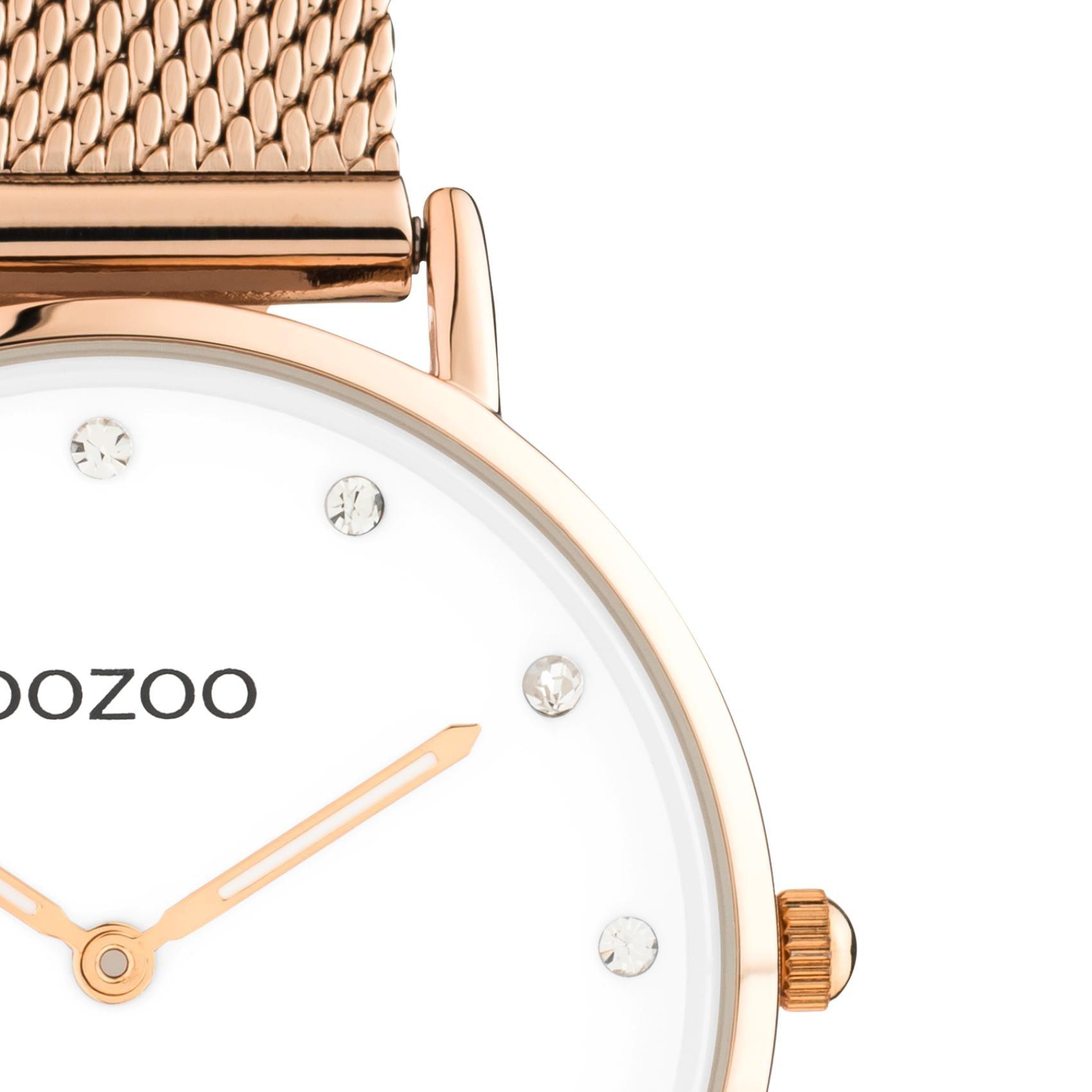 Στρογγυλό ρολόι Oozoo Vintage C20243 με ροζ χρυσό ατσάλινο μπρασελέ,άσπρο καντράν με ζιργκόν διαμέτρου 32mm και μηχανισμό μπαταρίας quartz.