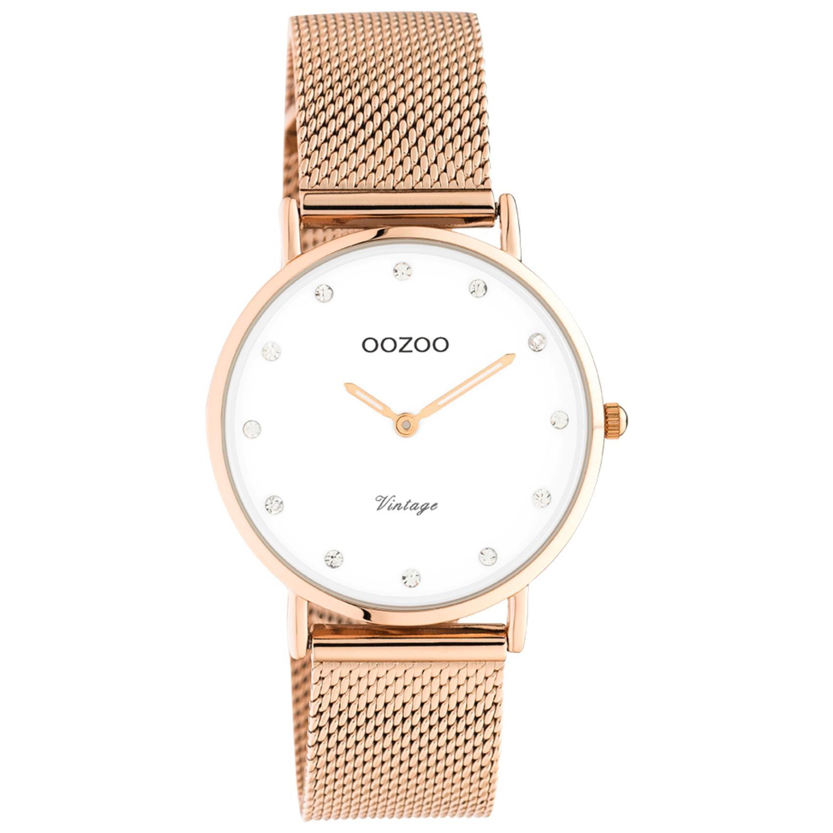 Στρογγυλό ρολόι Oozoo Vintage C20243 με ροζ χρυσό ατσάλινο μπρασελέ,άσπρο καντράν με ζιργκόν διαμέτρου 32mm και μηχανισμό μπαταρίας quartz.