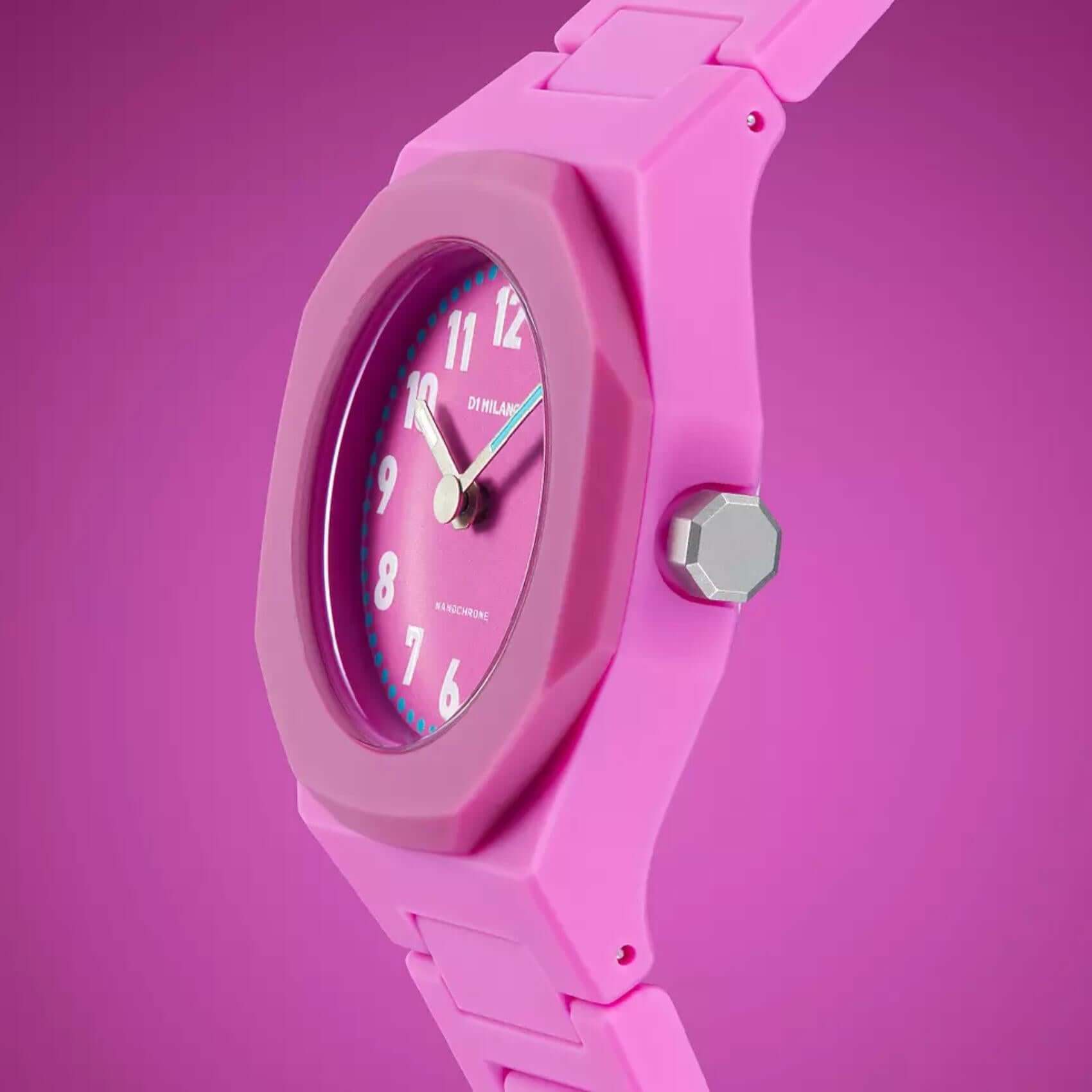 Παιδικό ρολόι D1 Milano Flamingo D1-NCBJ03 με ροζ μπρασελέ από ατσάλι και polycarbonate και ροζ καντράν 32mm σε οκτάγωνο σχήμα.