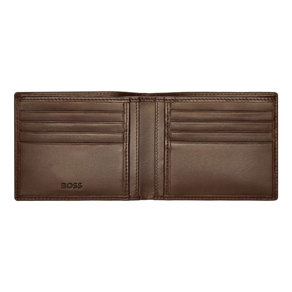 Ανοιχτό καφέ δερμάτινο πορτοφόλι Hugo Boss HLW403Y, που παρουσιάζει τις 2 θήκες χαρτονομισμάτων, τις 8 θήκες καρτών, τις 3 πλαϊνές θήκες και τη θήκη νομισμάτων.