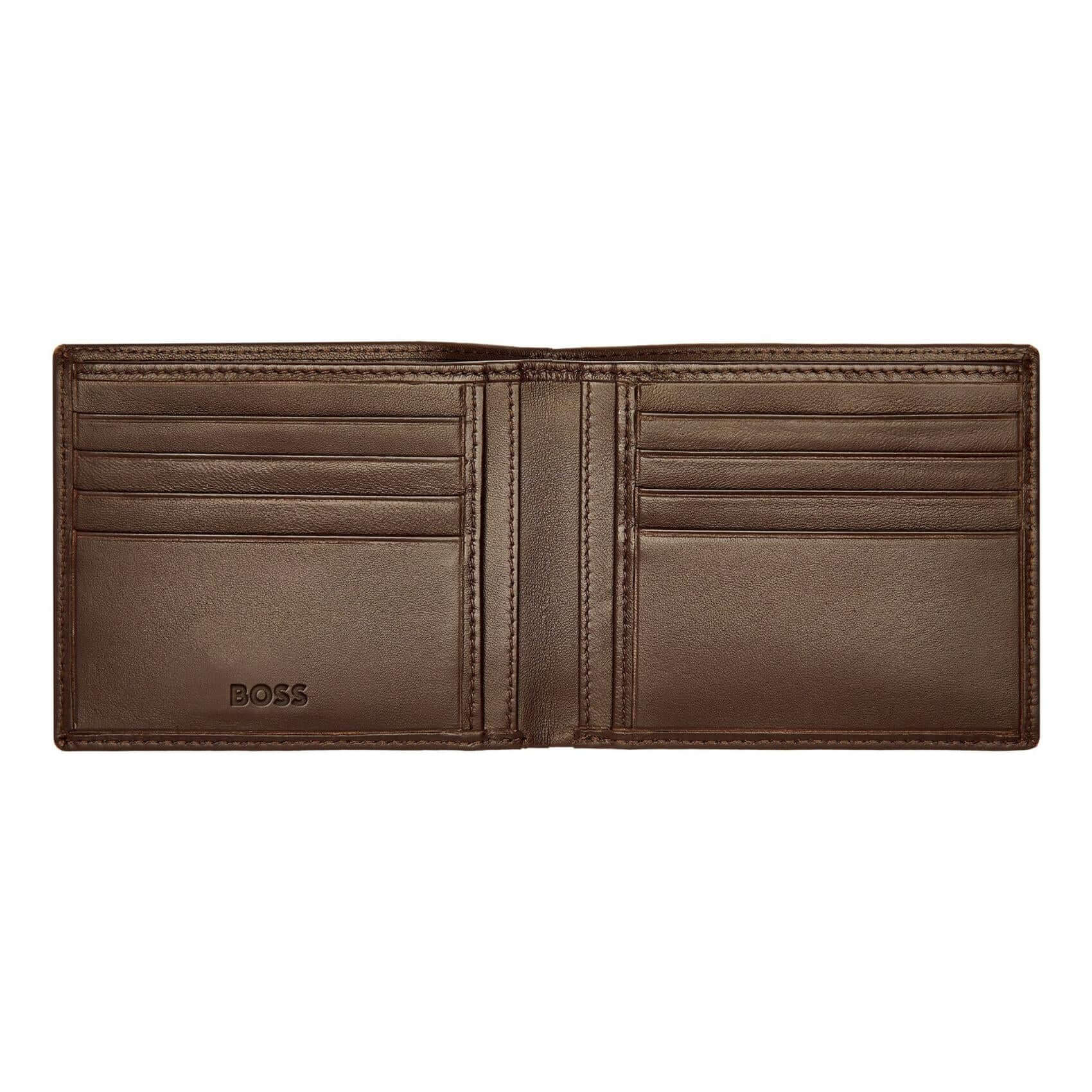 Ανοιχτό καφέ δερμάτινο πορτοφόλι Hugo Boss HLW403Y, που παρουσιάζει τις 2 θήκες χαρτονομισμάτων, τις 8 θήκες καρτών, τις 3 πλαϊνές θήκες και τη θήκη νομισμάτων.