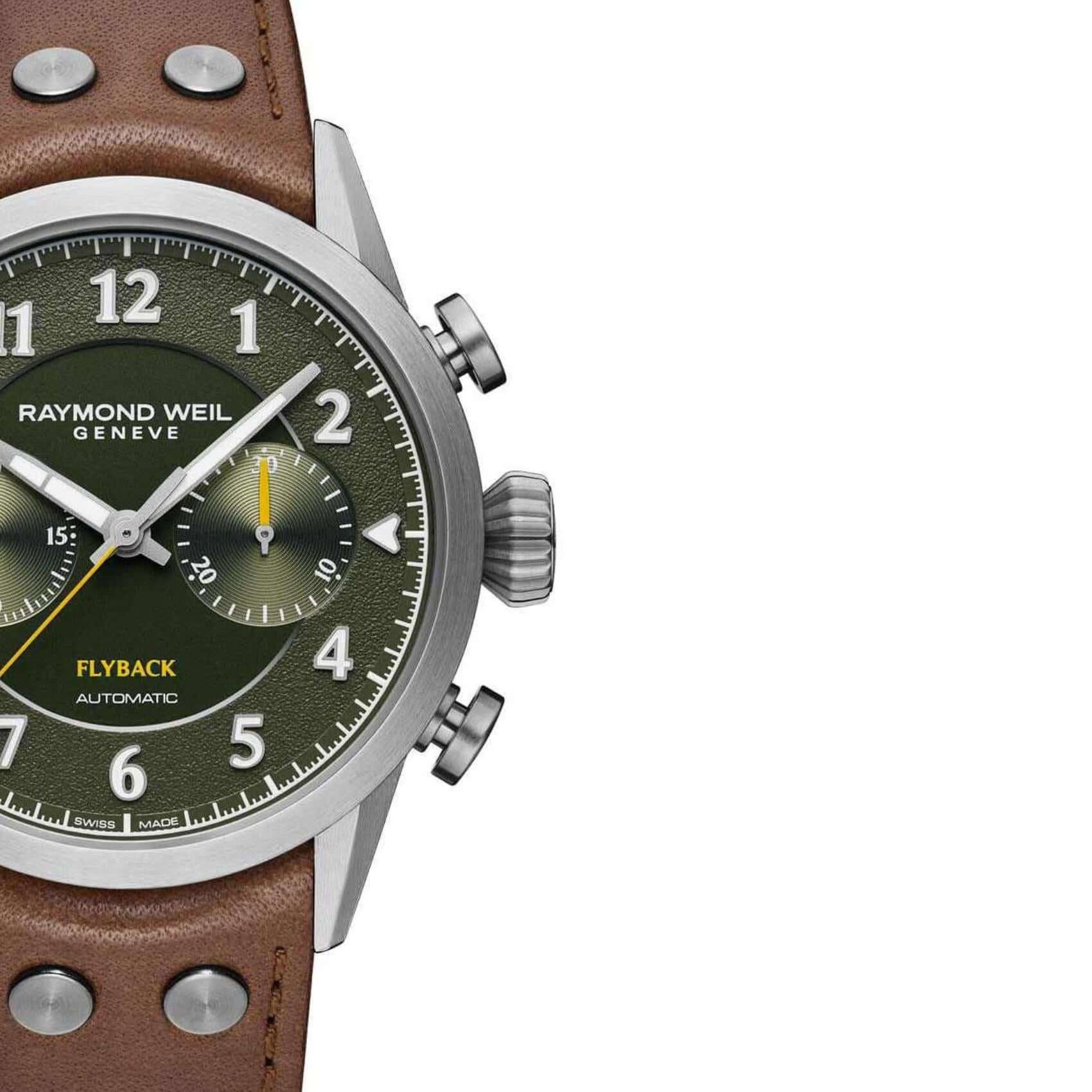 Raymond Weil Freelancer 7783-TIC-05520 Pilot Flyback αυτόματο με χρονογράφο, καφέ δερμάτινο λουράκι και πράσινο καντράν 42mm.