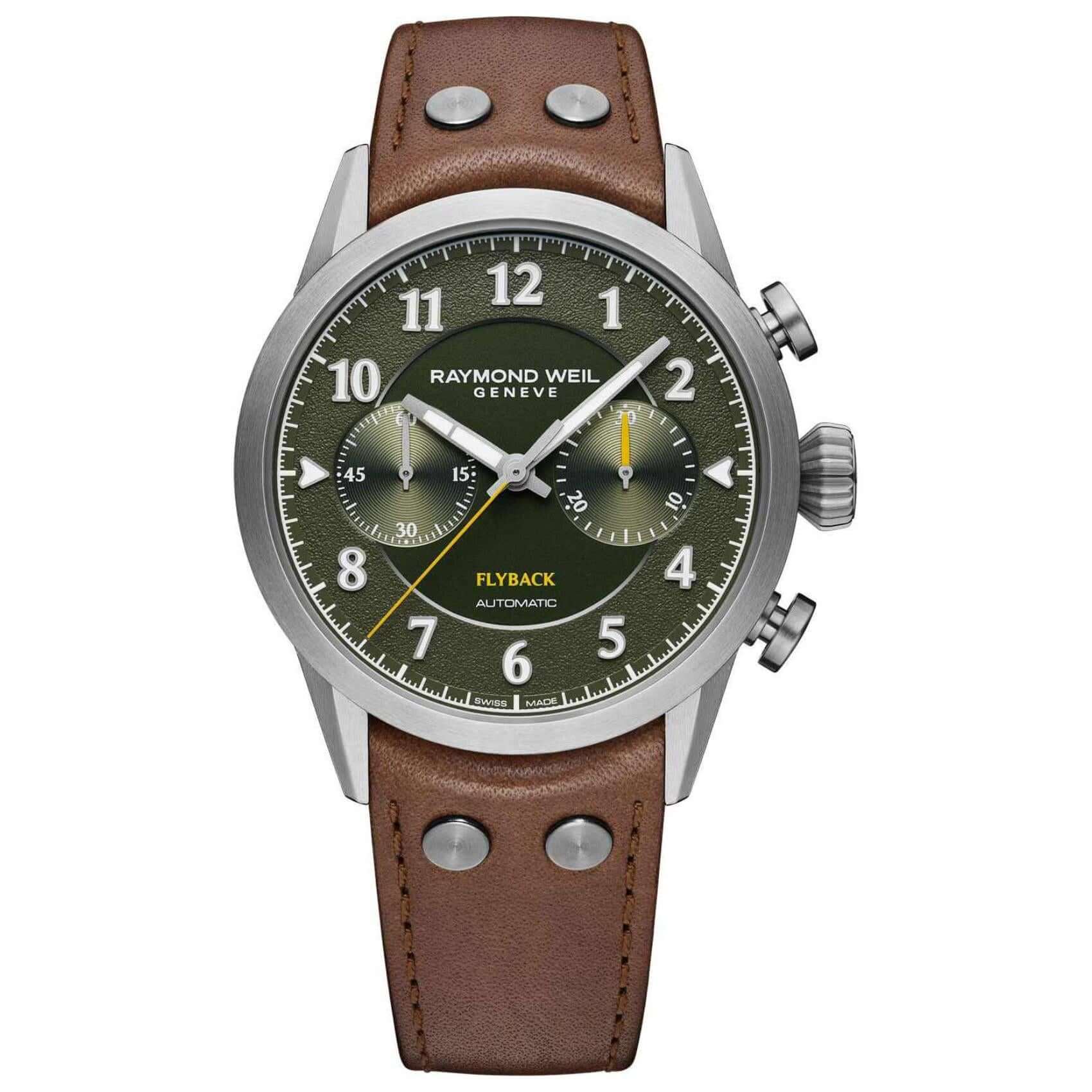 Raymond Weil Freelancer 7783-TIC-05520 Pilot Flyback αυτόματο με χρονογράφο, καφέ δερμάτινο λουράκι και πράσινο καντράν 42mm.