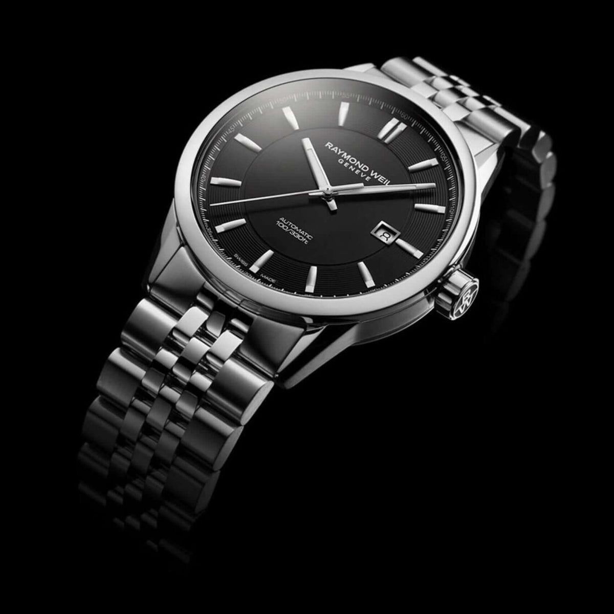 Ρολόι Raymond Weil Freelancer 2731-ST-20001 με ασημί ατσάλινο μπρασελέ και μαύρο καντράν διαμέτρου 42mm.