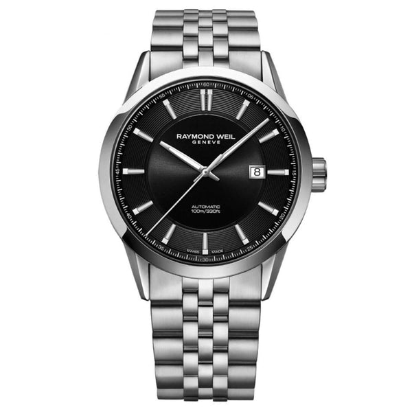 Ρολόι Raymond Weil Freelancer 2731-ST-20001 με ασημί ατσάλινο μπρασελέ και μαύρο καντράν διαμέτρου 42mm.