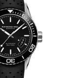 Ρολόι Raymond Weil Freelancer 2760-SR1-20001 με μαύρο καουτσούκ λουράκι και μαύρο καντράν διαμέτρου 42mm.