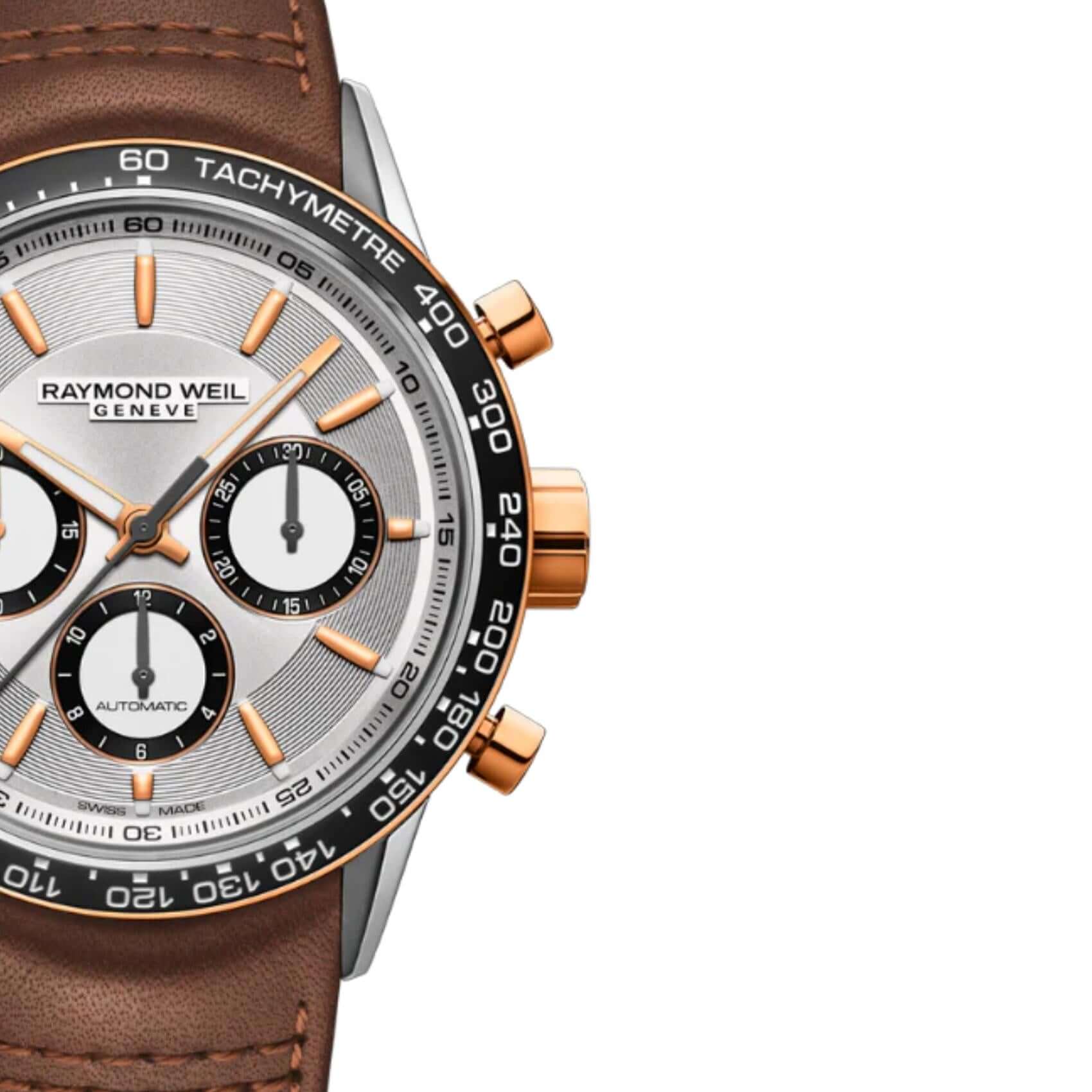 Raymond Weil Freelancer 7741-S51-65021 χρονογράφος με καφέ δερμάτινο λουράκι και άσπρο καντράν διαμέτρου 43,5mm.
