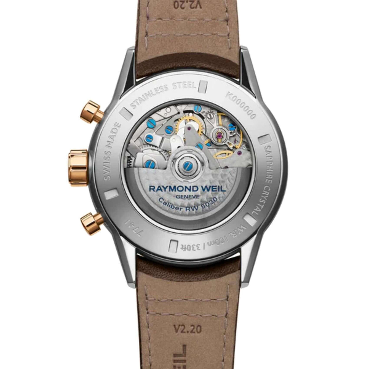 Raymond Weil Freelancer 7741-S51-65021 χρονογράφος με καφέ δερμάτινο λουράκι και άσπρο καντράν διαμέτρου 43,5mm.