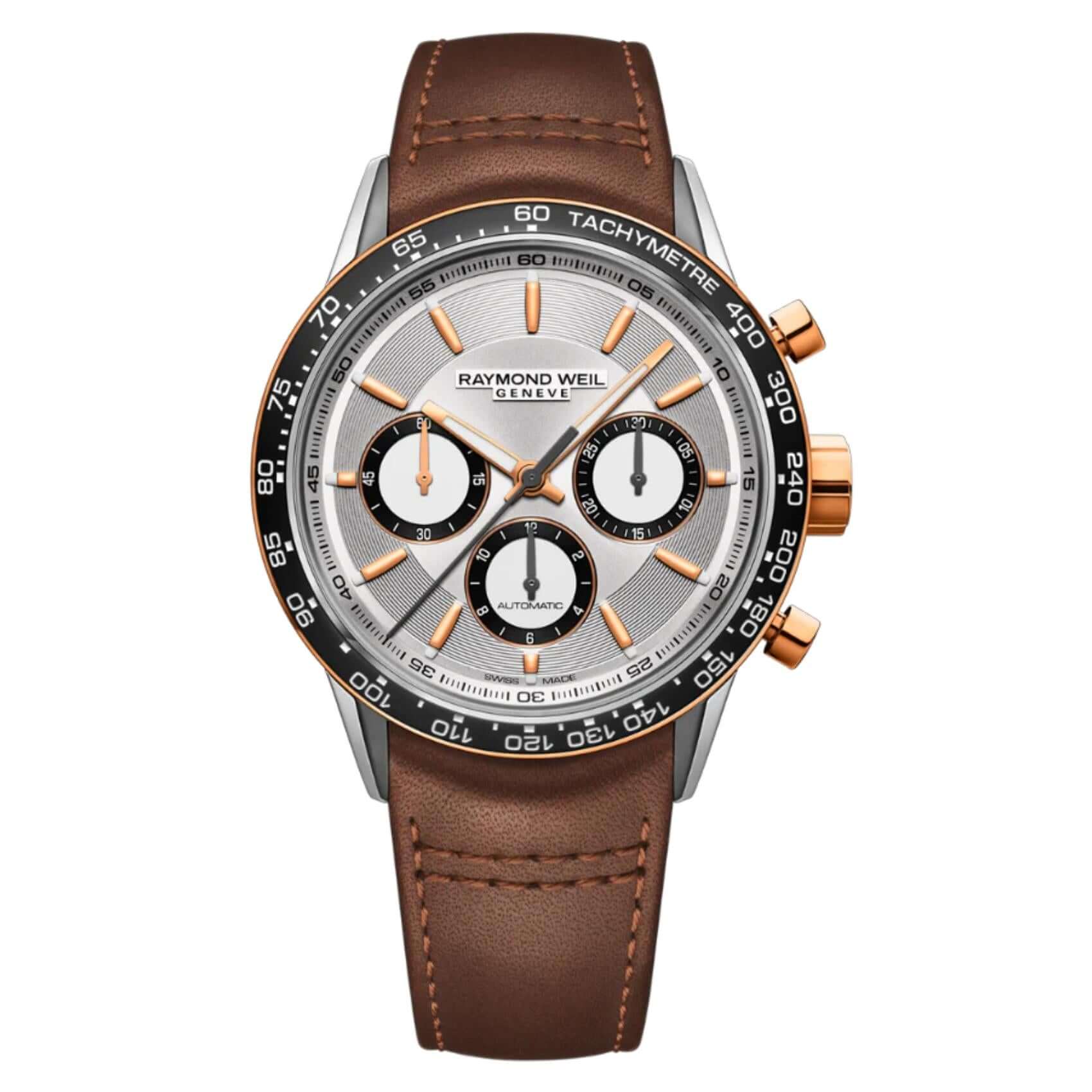 Raymond Weil Freelancer 7741-S51-65021 χρονογράφος με καφέ δερμάτινο λουράκι και άσπρο καντράν διαμέτρου 43,5mm.