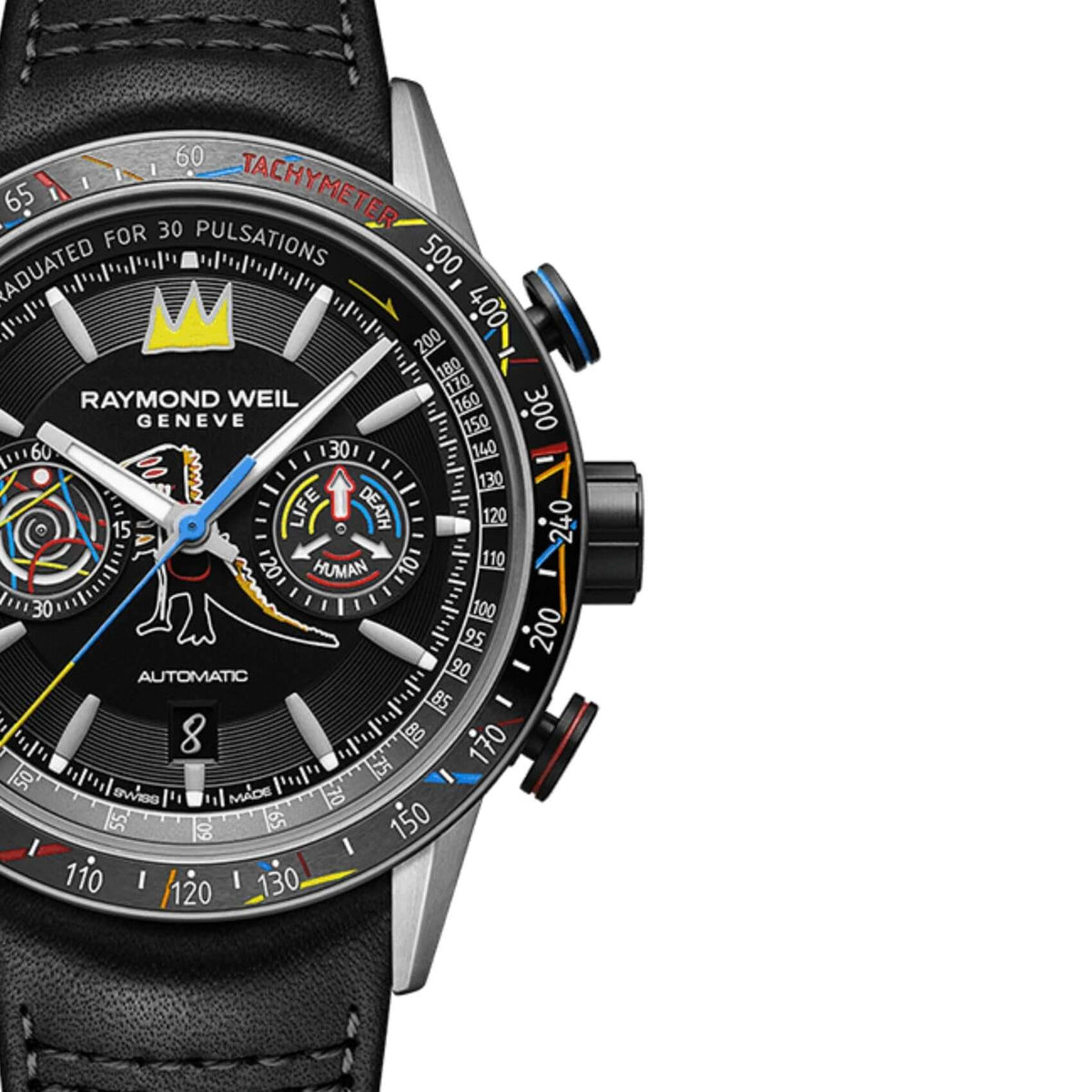 Συλλεκτικό Raymond Weil Freelancer Basquiat Special Edition 7780-TIC-JMB01 με μαύρο δερμάτινο λουράκι και μαύρο καντράν διαμέτρου 43,5mm.