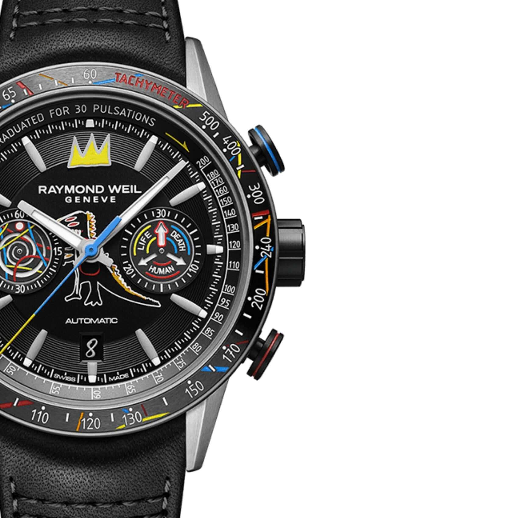 Συλλεκτικό Raymond Weil Freelancer Basquiat Special Edition 7780-TIC-JMB01 με μαύρο δερμάτινο λουράκι και μαύρο καντράν διαμέτρου 43,5mm.
