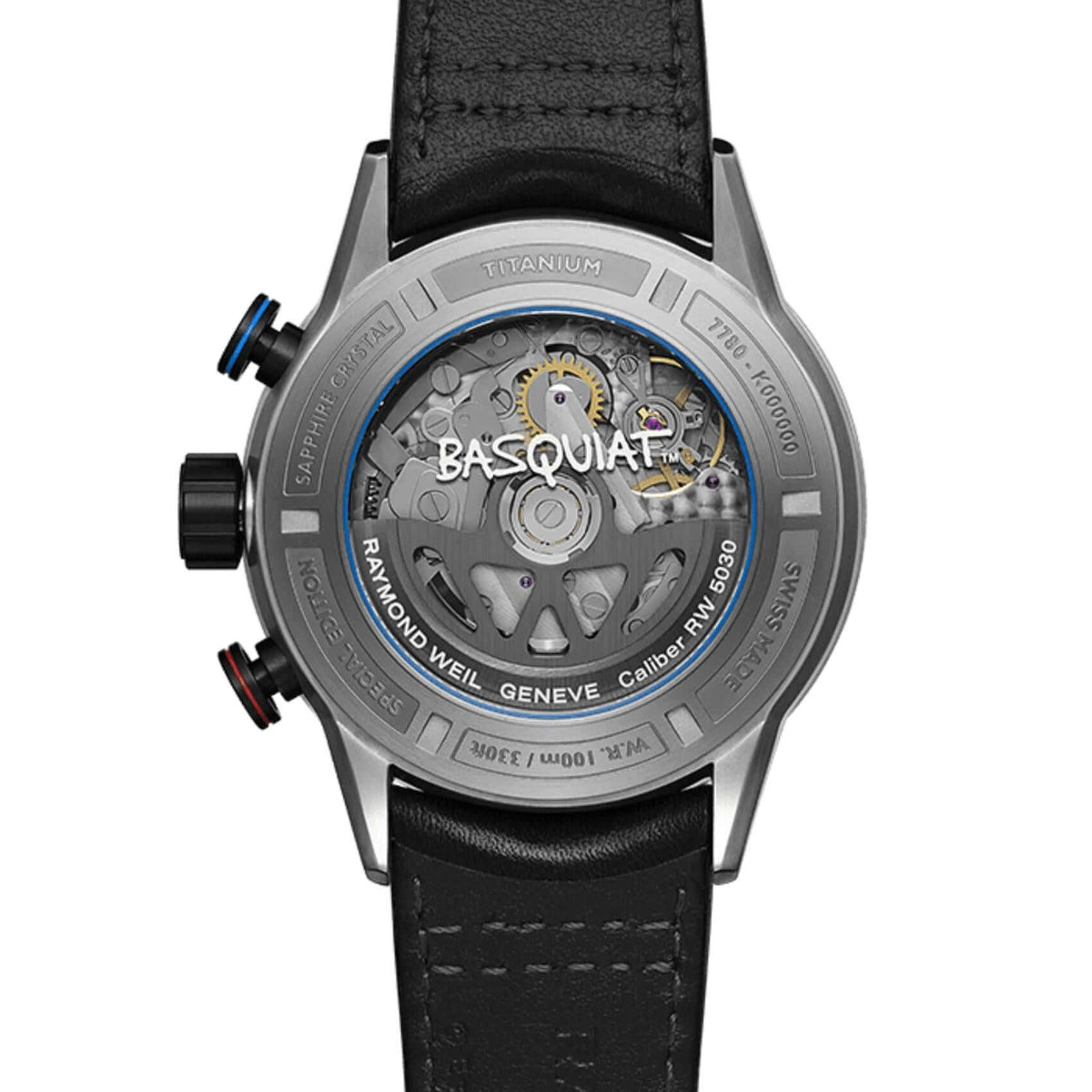Συλλεκτικό Raymond Weil Freelancer Basquiat Special Edition 7780-TIC-JMB01 με μαύρο δερμάτινο λουράκι και μαύρο καντράν διαμέτρου 43,5mm.