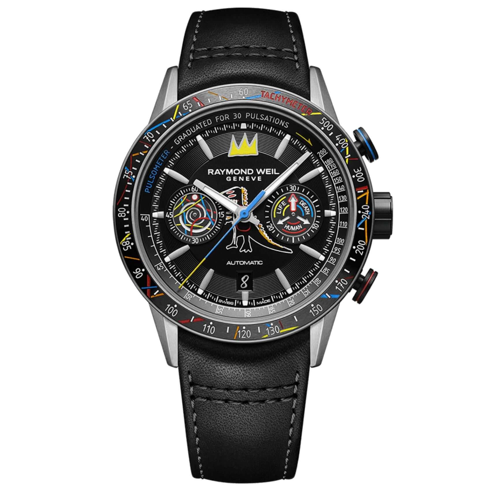 Συλλεκτικό Raymond Weil Freelancer Basquiat Special Edition 7780-TIC-JMB01 με μαύρο δερμάτινο λουράκι και μαύρο καντράν διαμέτρου 43,5mm.