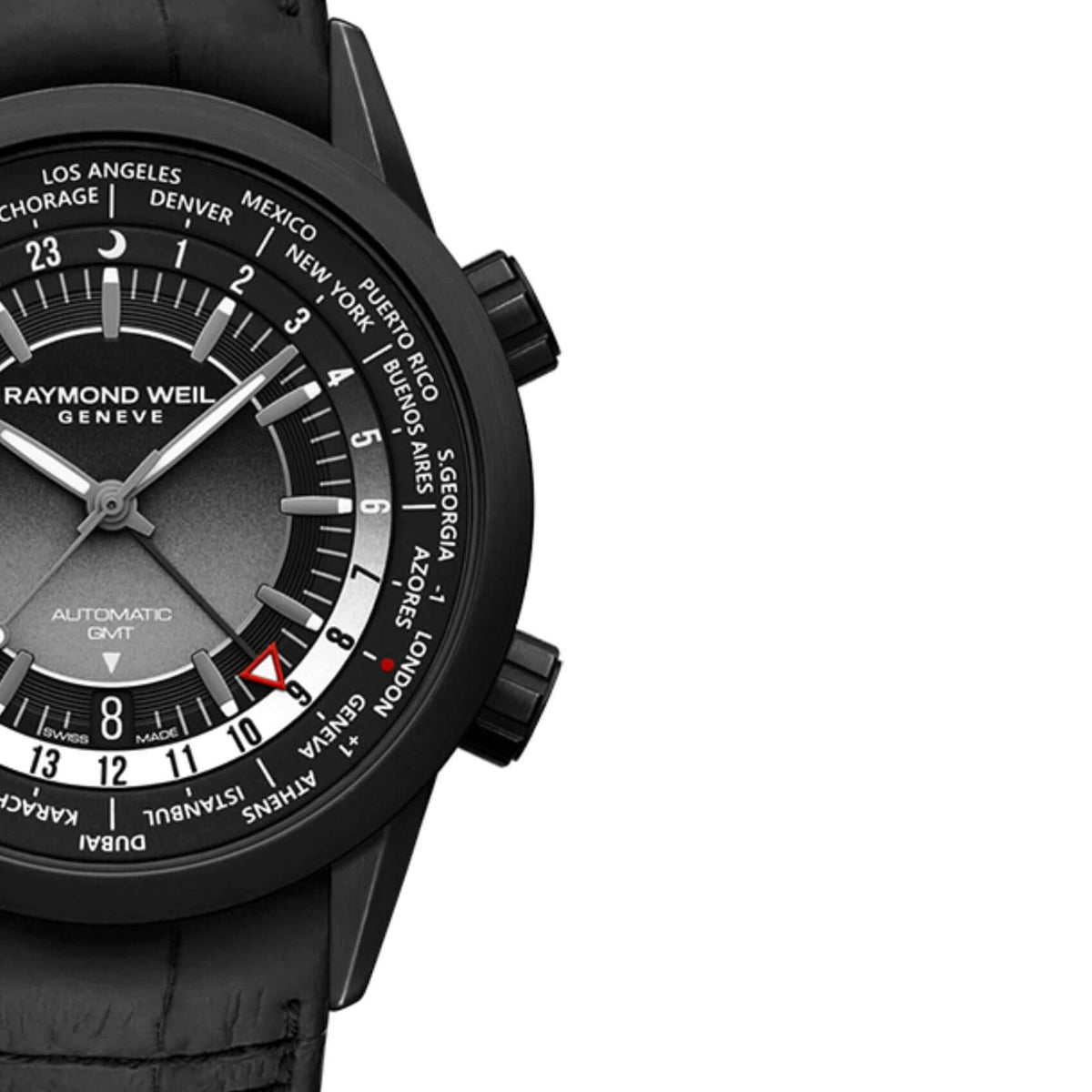 Raymond Weil Freelancer GMT Worldtimer 2765-BKC-20001 αυτόματο με μαύρο δερμάτινο λουράκι και μαύρο καντράν διαμέτρου 40,5mm.