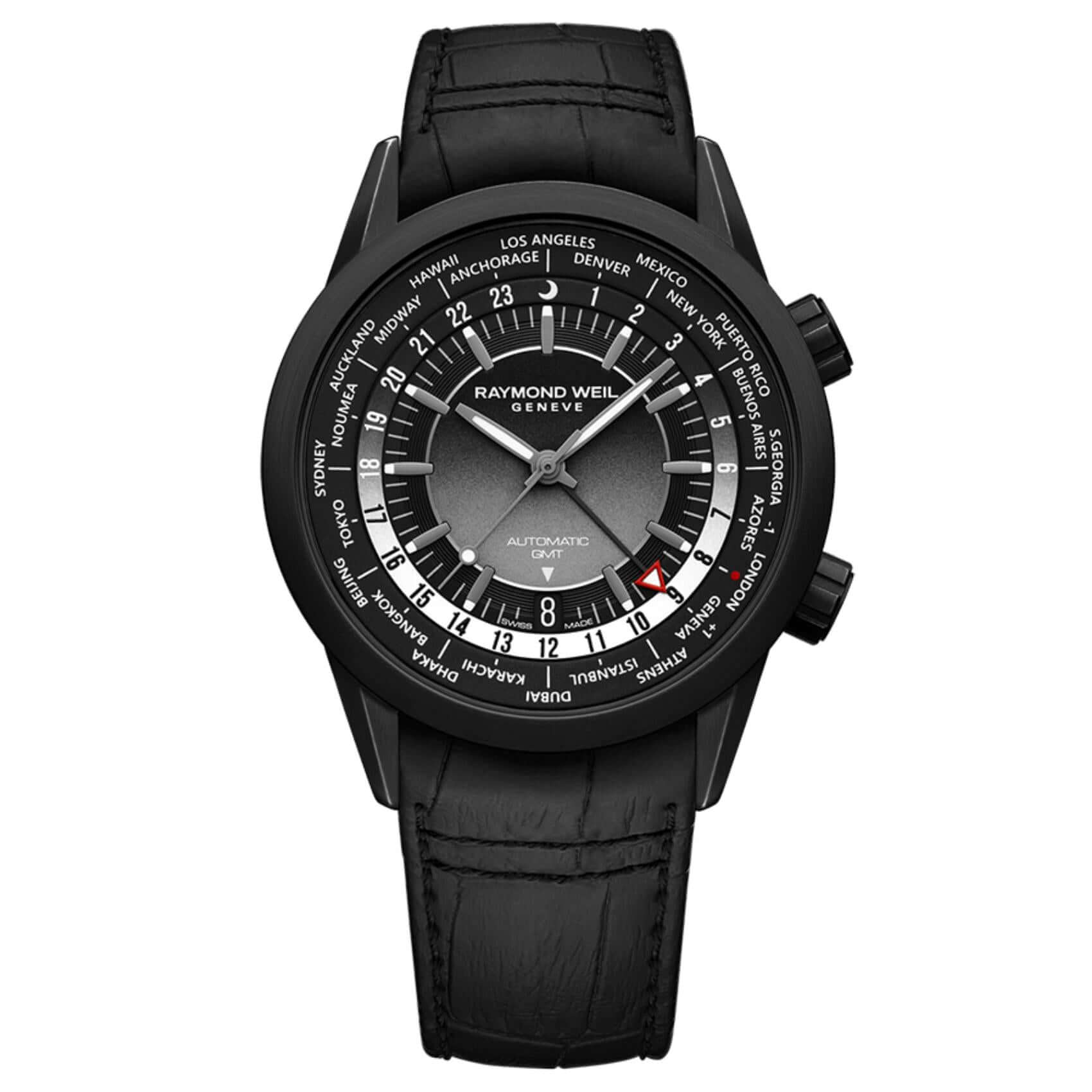 Raymond Weil Freelancer GMT Worldtimer 2765-BKC-20001 αυτόματο με μαύρο δερμάτινο λουράκι και μαύρο καντράν διαμέτρου 40,5mm.