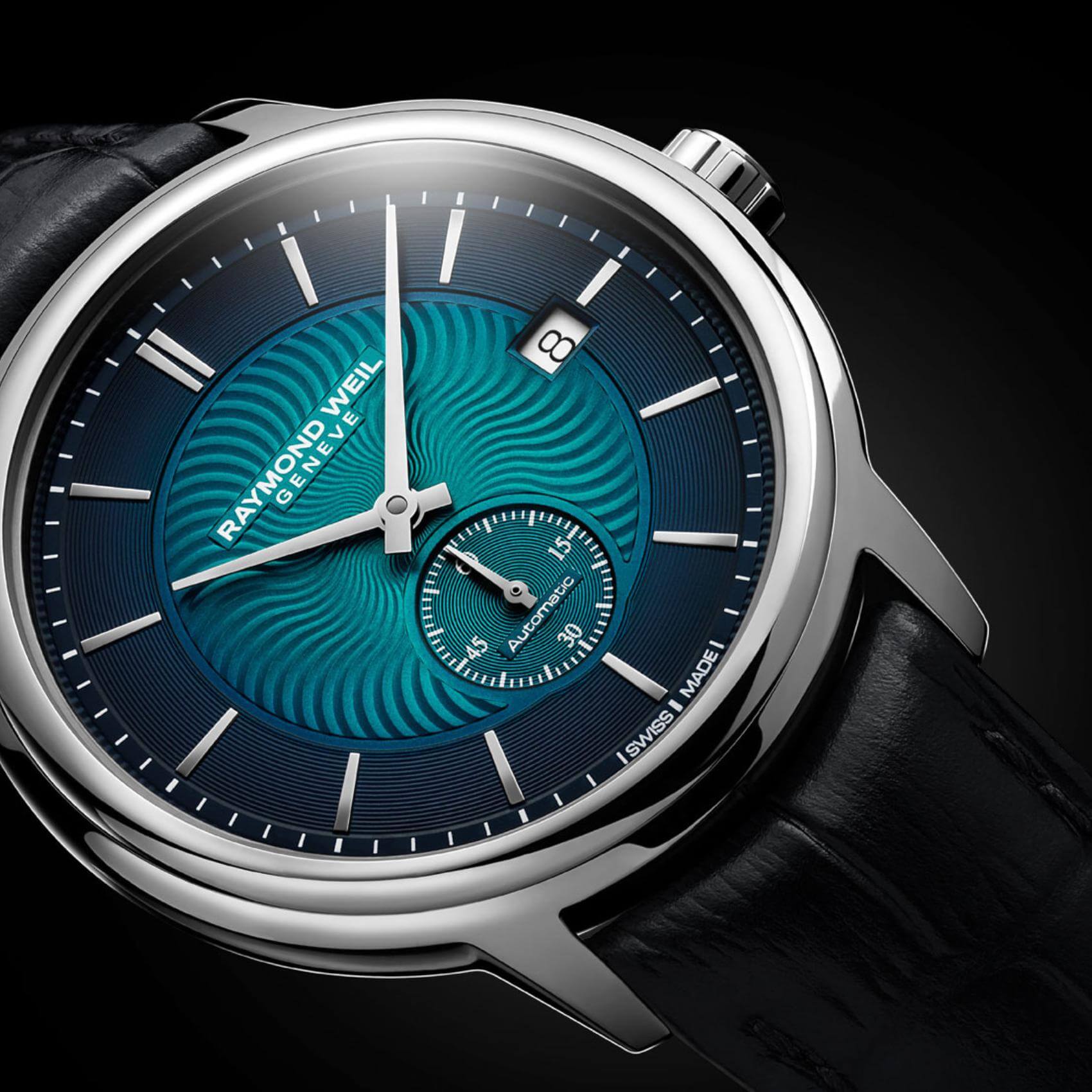 Raymond Weil Maestro 2238-STC-50001 αυτόματο με μαύρο δερμάτινο λουράκι και μπλε καντράν διαμέτρου 39,5mm.