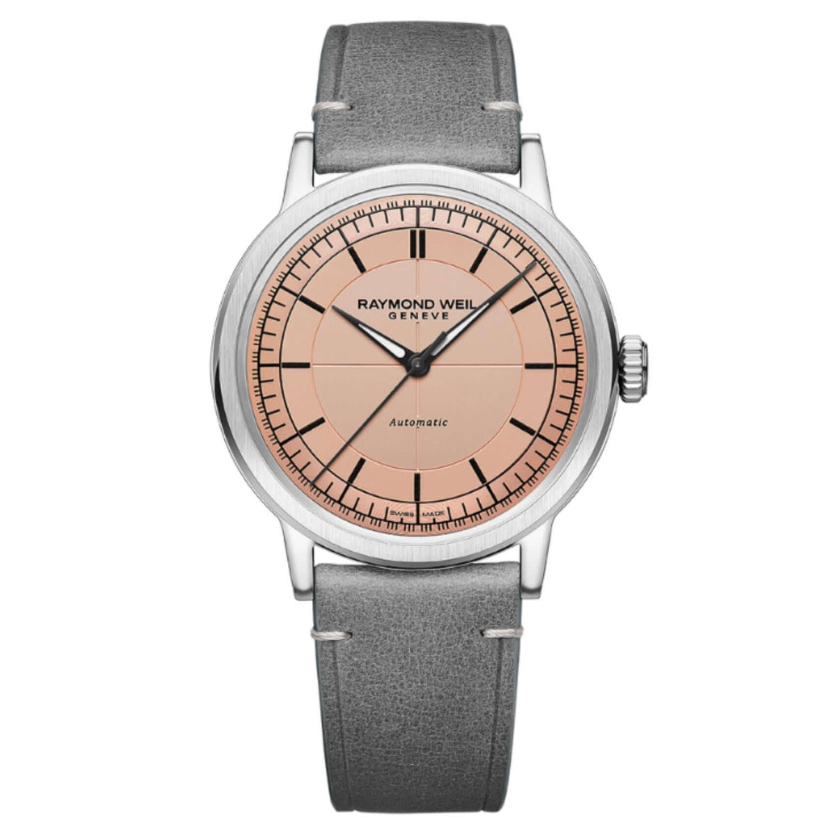 Ρολόι Raymond Weil Millesime 2925-STC-80001 με γκρι δερμάτινο λουράκι και σομόν καντράν διαμέτρου 39,5mm.