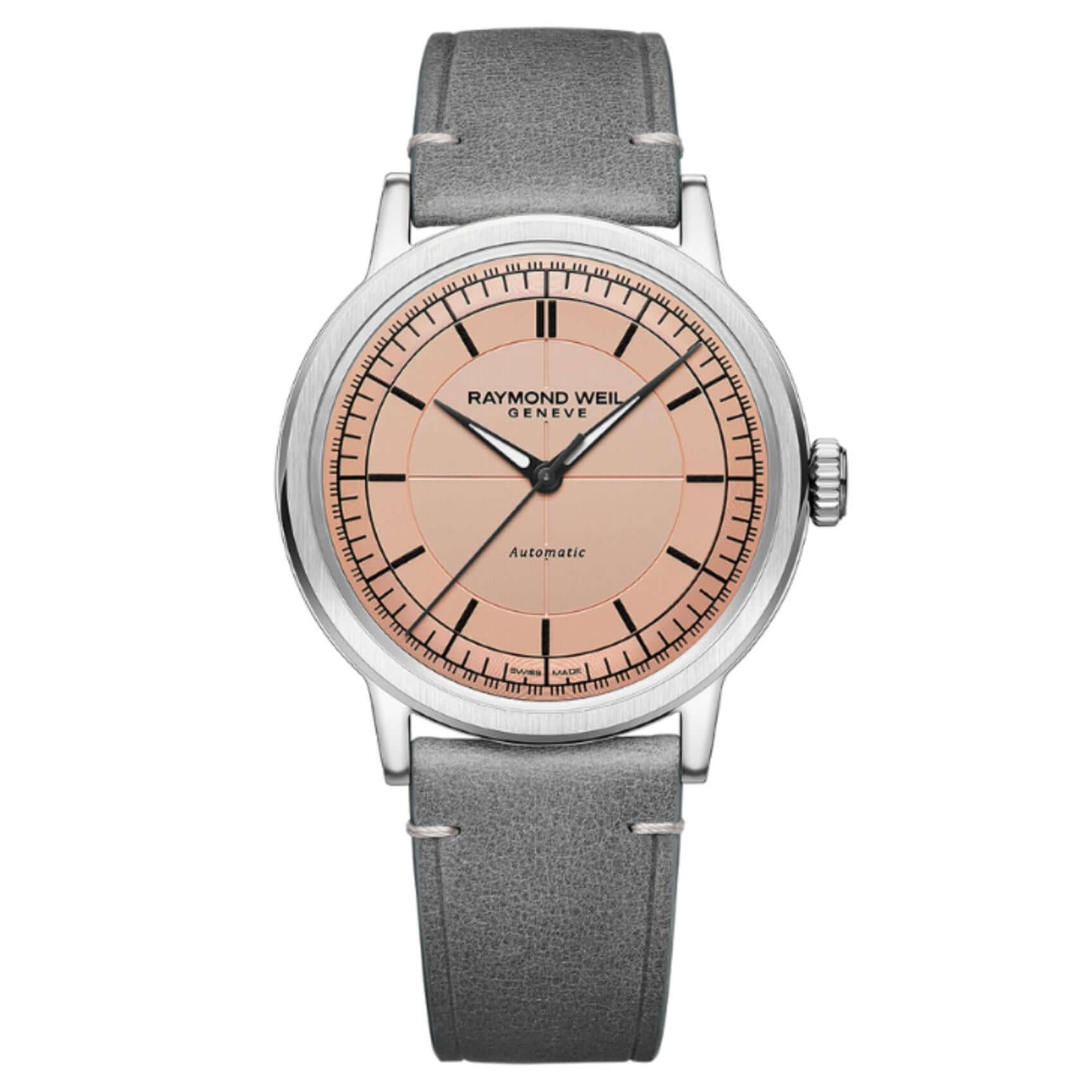 Ρολόι Raymond Weil Millesime 2925-STC-80001 με γκρι δερμάτινο λουράκι και σομόν καντράν διαμέτρου 39,5mm.