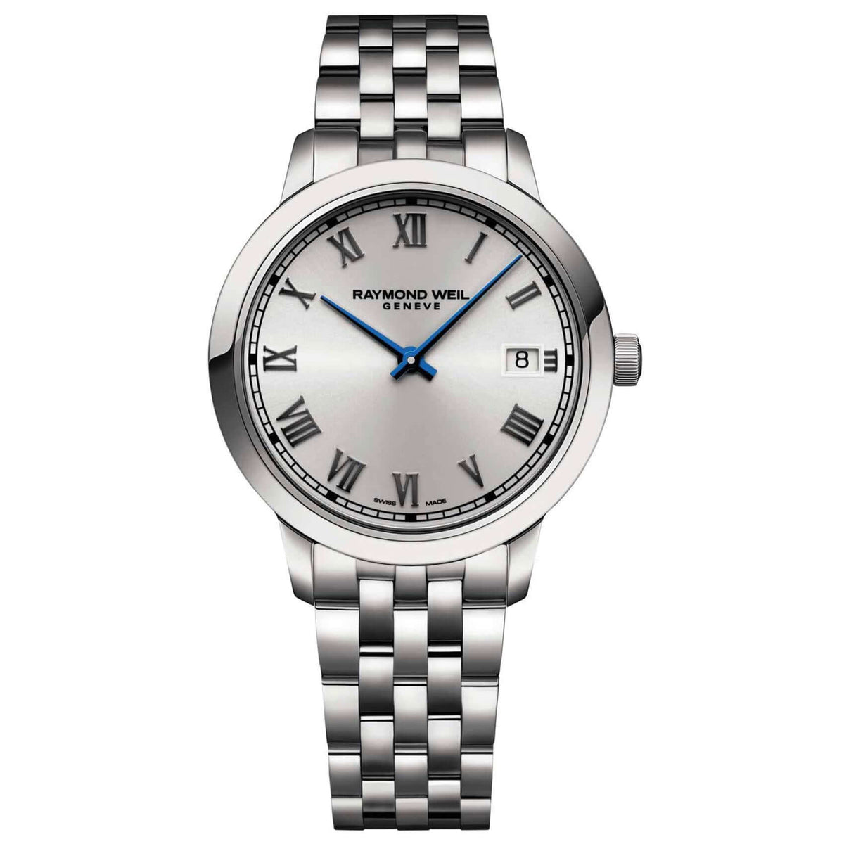 Ρολόι Raymond Weil Toccata 5385-ST-00659 με ασημί μπρασελέ ασημί καντράν διαμέτρου 34mm και μπλε δείκτη.