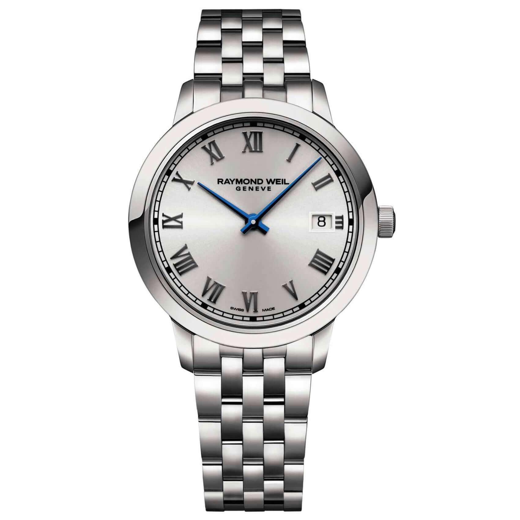 Ρολόι Raymond Weil Toccata 5385-ST-00659 με ασημί μπρασελέ ασημί καντράν διαμέτρου 34mm και μπλε δείκτη.