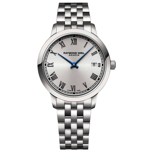 Ρολόι Raymond Weil Toccata 5385-ST-00659 με ασημί μπρασελέ ασημί καντράν διαμέτρου 34mm και μπλε δείκτη.