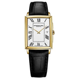 Τετράγωνο ρολόι Raymond Weil Toccata 5425-PC-00300 με μαύρο δερμάτινο λουράκι και άσπρο καντράν μεγέθους 29.6mmx37.25mm.