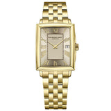 Τετράγωνο ρολόι Raymond Weil Toccata 5925-P-00100 με χρυσό μπρασελέ και χρυσό καντράν μεγέθους 22.6mm x 28.1mm.