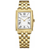 Ρολόι Raymond Weil Toccata 5925-P-00300 με χρυσό ατσάλινο μπρασελέ και άσπρο καντράν μεγέθους 22.6mm x 28.1mm σε τετράγωνο σχήμα.