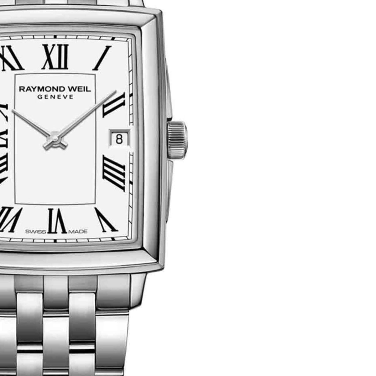 Τετράγωνο ρολόι Raymond Weil Toccata 5925-ST-00300 με ασημί μπρασελέ και άσπρο καντράν μεγέθους 22.6mm x 28.1mm.