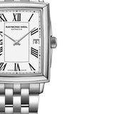 Τετράγωνο ρολόι Raymond Weil Toccata 5925-ST-00300 με ασημί μπρασελέ και άσπρο καντράν μεγέθους 22.6mm x 28.1mm.