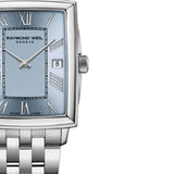 Τετράγωνο ρολόι Raymond Weil Toccata 5925-ST-00550 με ασημί μπρασελέ και γαλάζιο καντράν μεγέθους 22.6mm x 28.1mm.