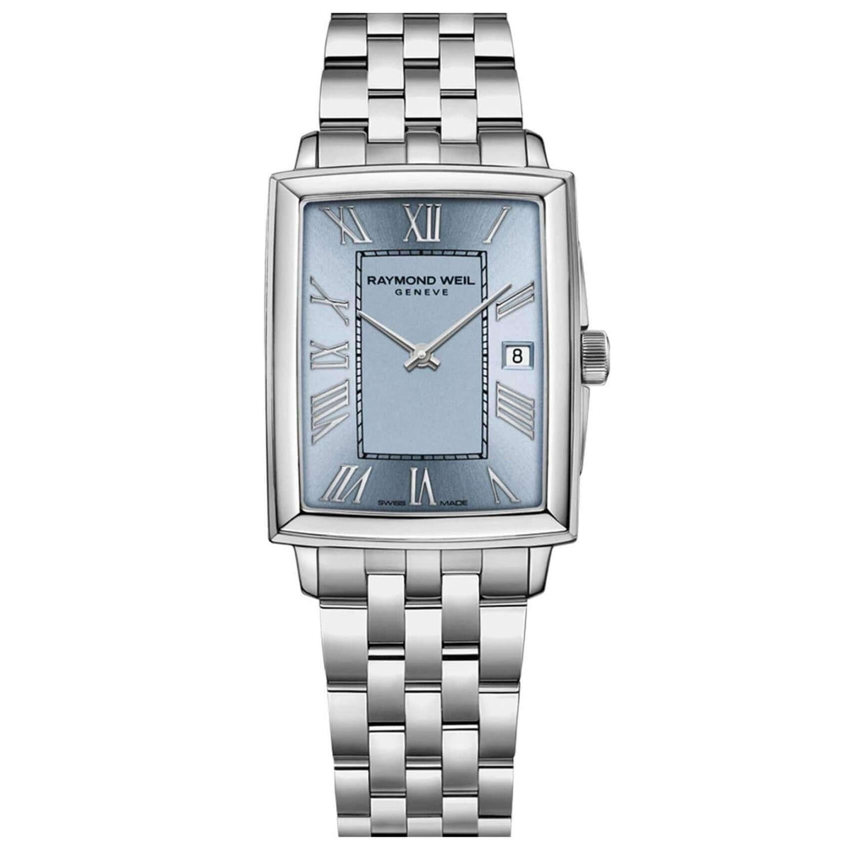 Τετράγωνο ρολόι Raymond Weil Toccata 5925-ST-00550 με ασημί μπρασελέ και γαλάζιο καντράν μεγέθους 22.6mm x 28.1mm.