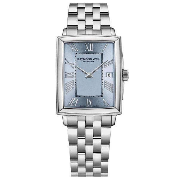 Τετράγωνο ρολόι Raymond Weil Toccata 5925-ST-00550 με ασημί μπρασελέ και γαλάζιο καντράν μεγέθους 22.6mm x 28.1mm.