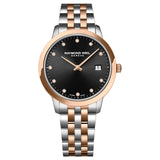 Ρολόι Raymond Weil Toccata Diamonds 5385-SP5-20081 με δίχρωμο μπρασελέ σε ασημί-ροζ χρυσό χρώμα και  μαύρο καντράν 34mm με διαμάντια.