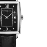 Τετράγωνο ρολόι Raymond Weil Toccata Diamonds 5925-STC-00295 με μαύρο δερμάτινο λουράκι και μαύρο καντράν μεγέθους 22.6mm x 28.1mm με διαμάντια.