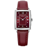 Τετράγωνο ρολόι Raymond Weil Toccata Diamonds 925-STC-00451 με κόκκινο δερμάτινο λουράκι και κόκκινο καντράν μεγέθους 22.6mm x 28.1mm με διαμάντια.