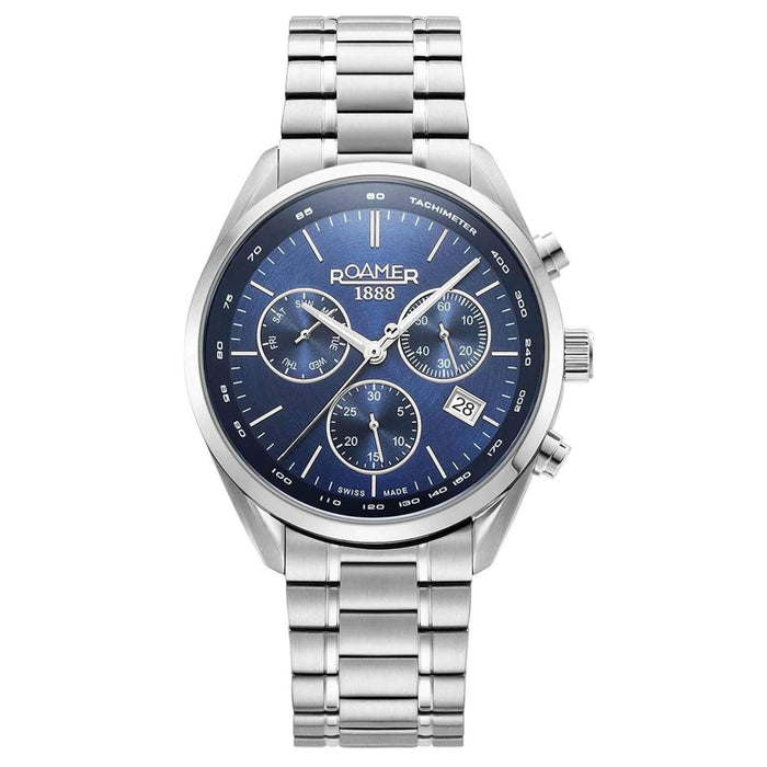 Roamer Pro Chrono 993819-41-45-20 χρονογράφος με ασημί ατσάλινο μπρασελέ και στρογγυλό μπλε καντράν διαμέτρου 44mm.