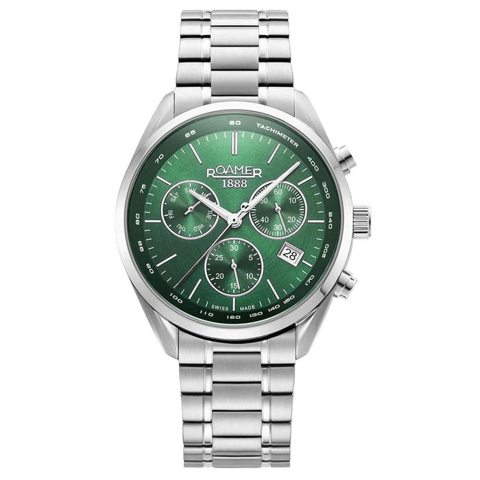 Roamer Pro Chrono 993819-41-75-20 χρονογράφος με ασημί ατσάλινο μπρασελέ και στρογγυλό πράσινο καντράν διαμέτρου 44mm.