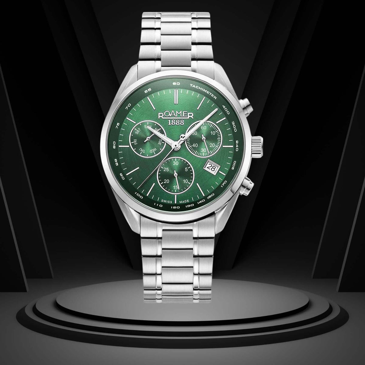 Roamer Pro Chrono 993819-41-75-20 χρονογράφος με ασημί ατσάλινο μπρασελέ και στρογγυλό πράσινο καντράν διαμέτρου 44mm.
