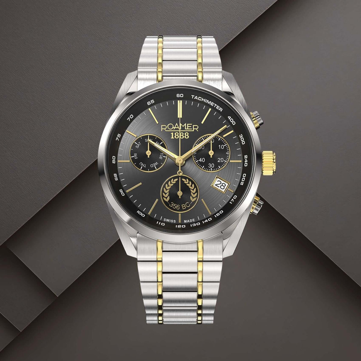 Roamer 993819-47-85-21 Pro Chrono Alexander the Great με δίχρωμο μπρασελέ, μαύρο καντράν 44mm και χρυσές λεπτομέρειες.